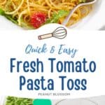 The fresh tomato pasta in a white bowl. Photo 2 is the ingredients needed to make it.