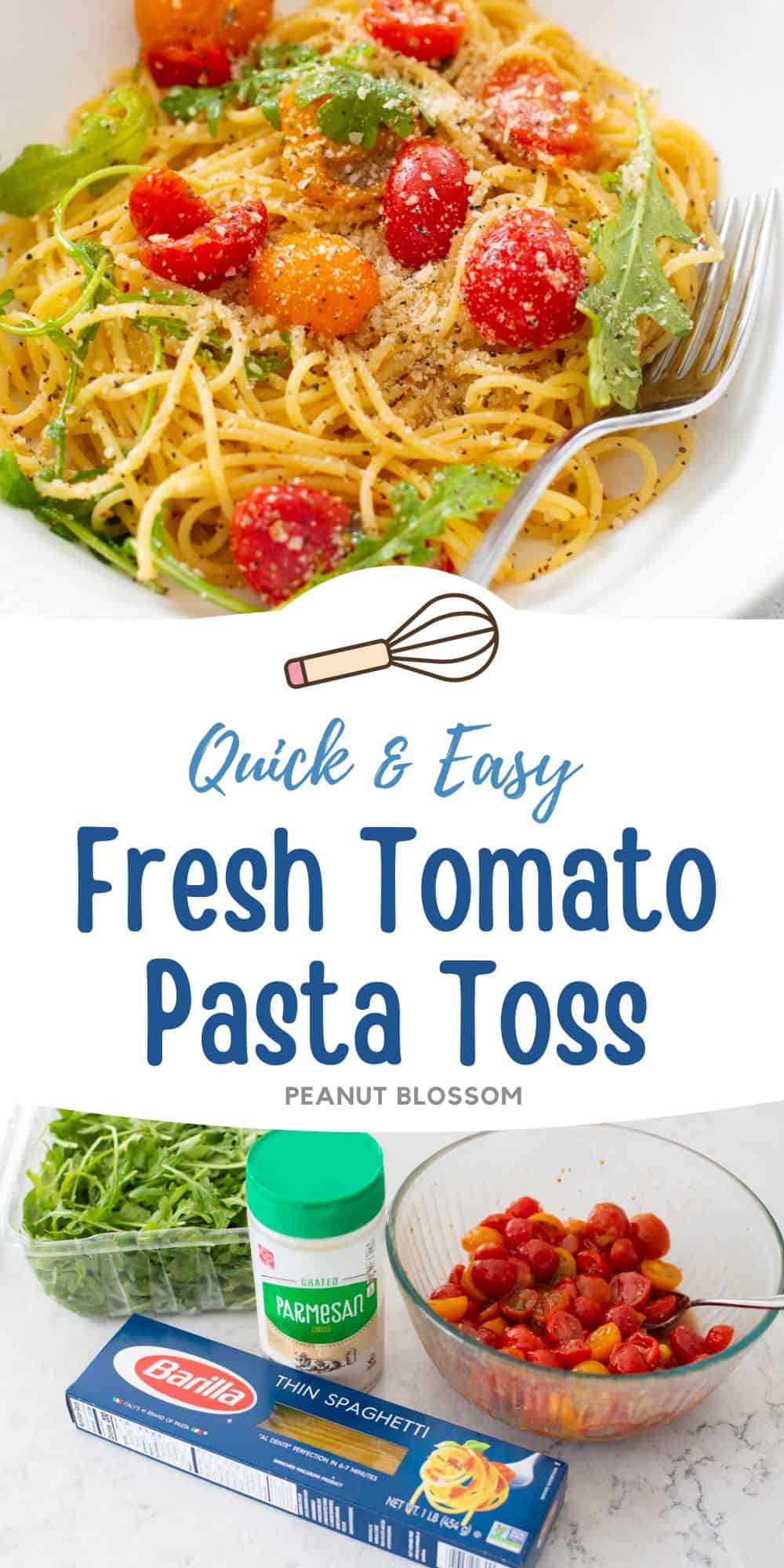 The fresh tomato pasta in a white bowl. Photo 2 is the ingredients needed to make it.