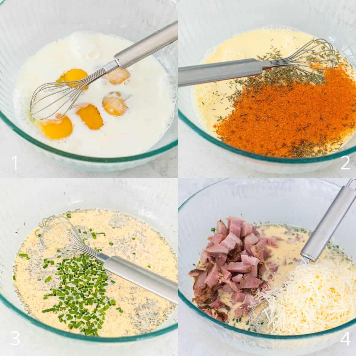The step by step photo collage shows how to prepare the egg and ham filling.