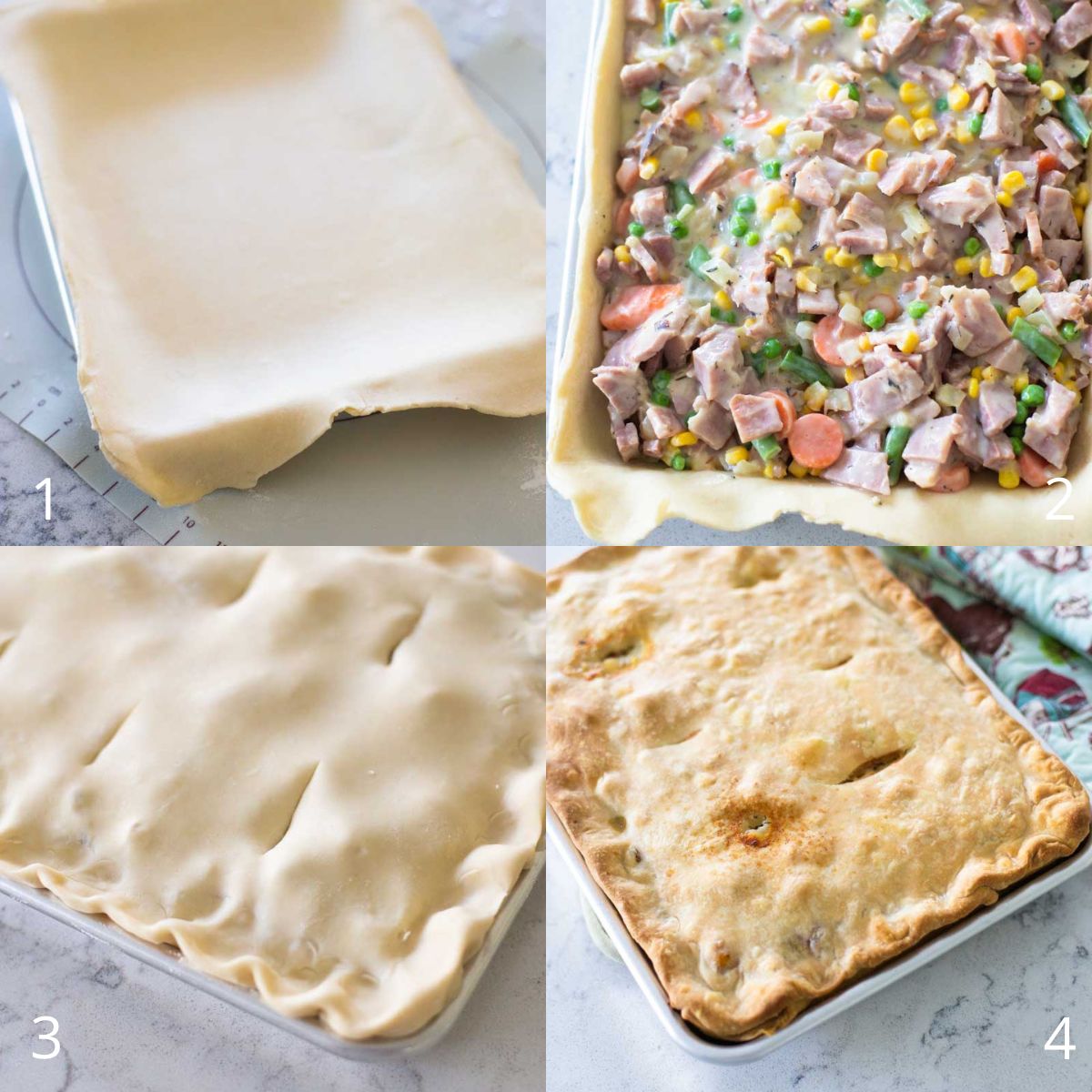 The step by step photos show how to assemble the pie before baking.