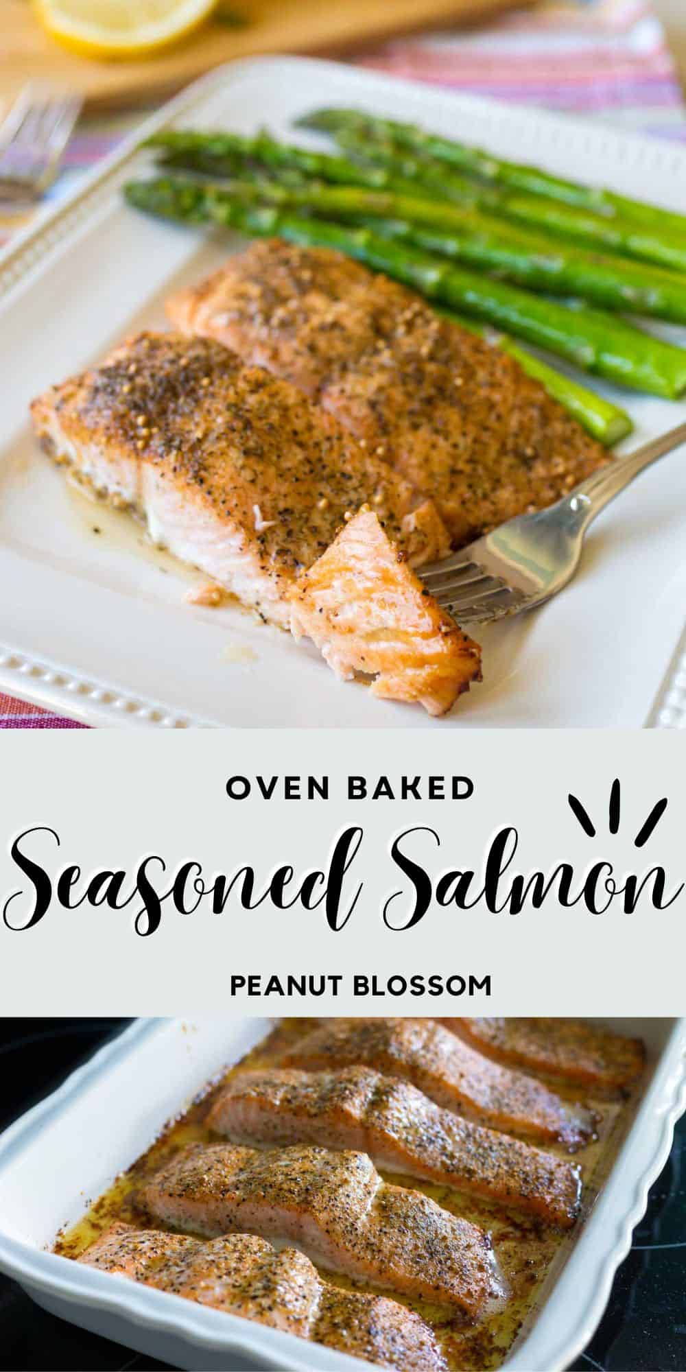 The photo collage shows cooked salmon on a dinner platter next to a baking dish of the salmon coming out of the oven.