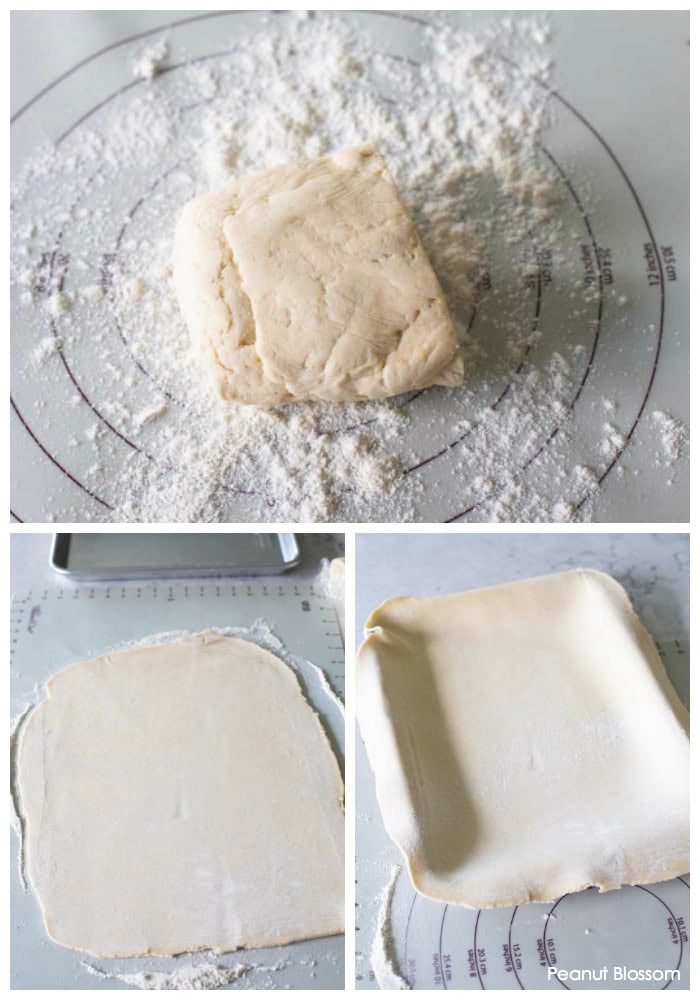 The pie crust dough on a mat, another photo shows it rolled out, a third photo shows it in the slab pan.