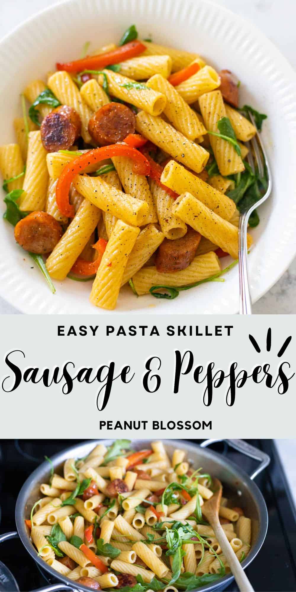 The photo collage shows the finished serving bowl of pasta next to the skillet it was cooked in.