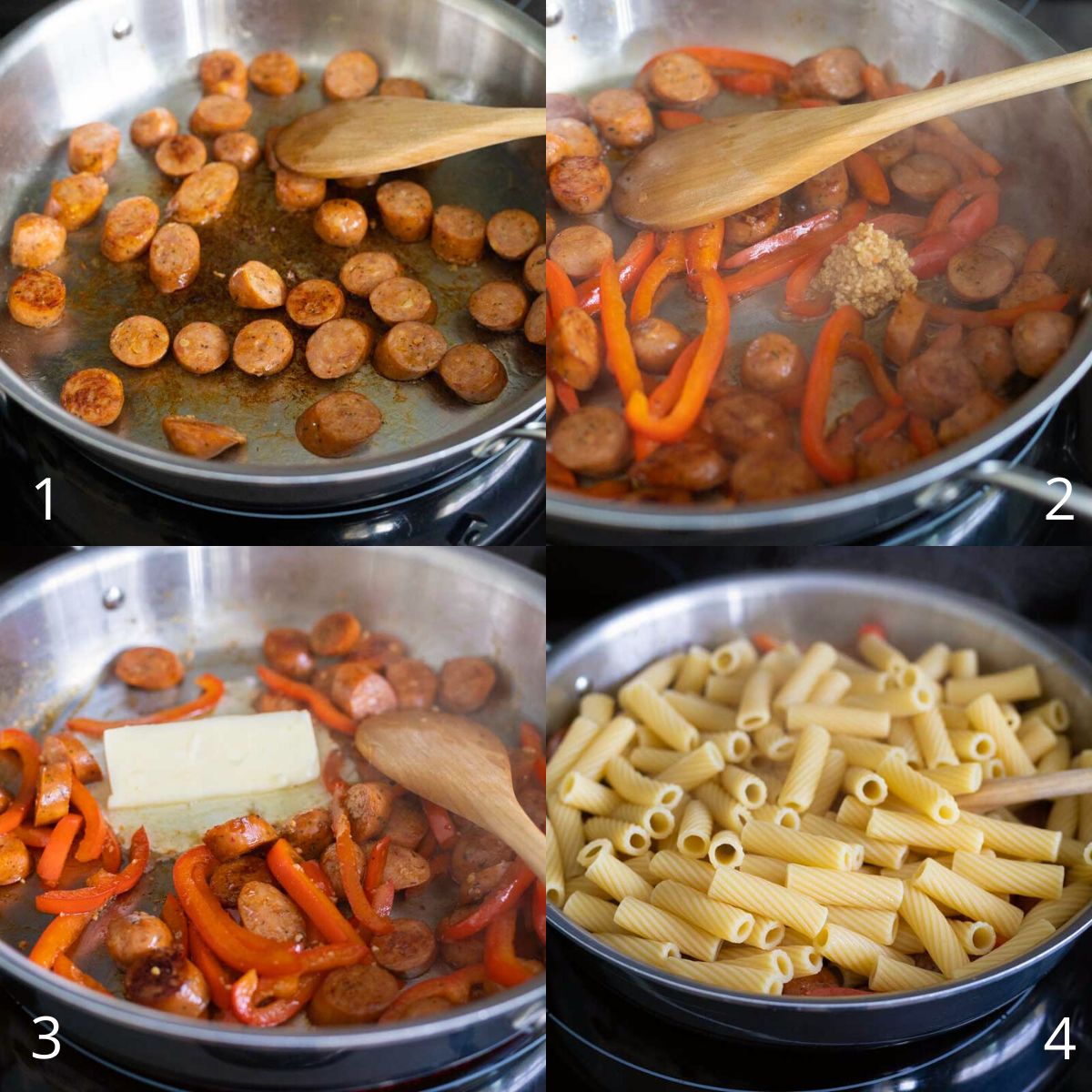 Step by step photos show how to brown the sausage and build the pasta in the skillet.