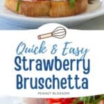 The close up look at the crostini topped with chopped strawberries and basil.
