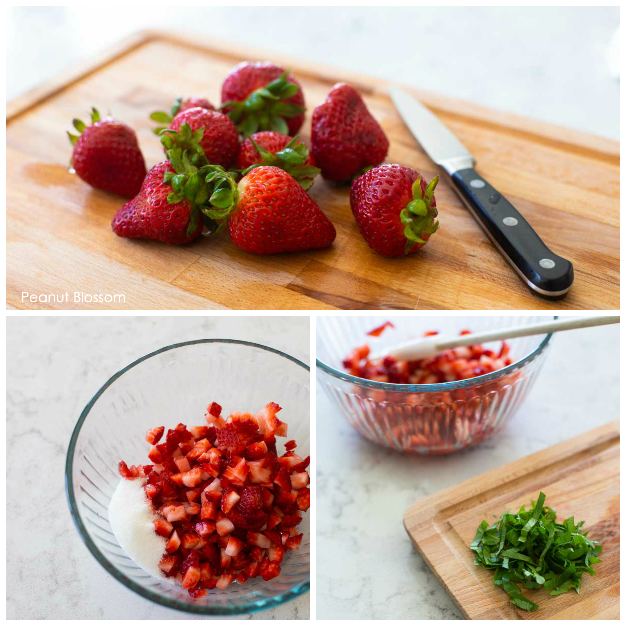 The photo collage shows fresh strawberries being diced and tossed with sugar next to a photo of the chopped fresh basil on a cutting board.