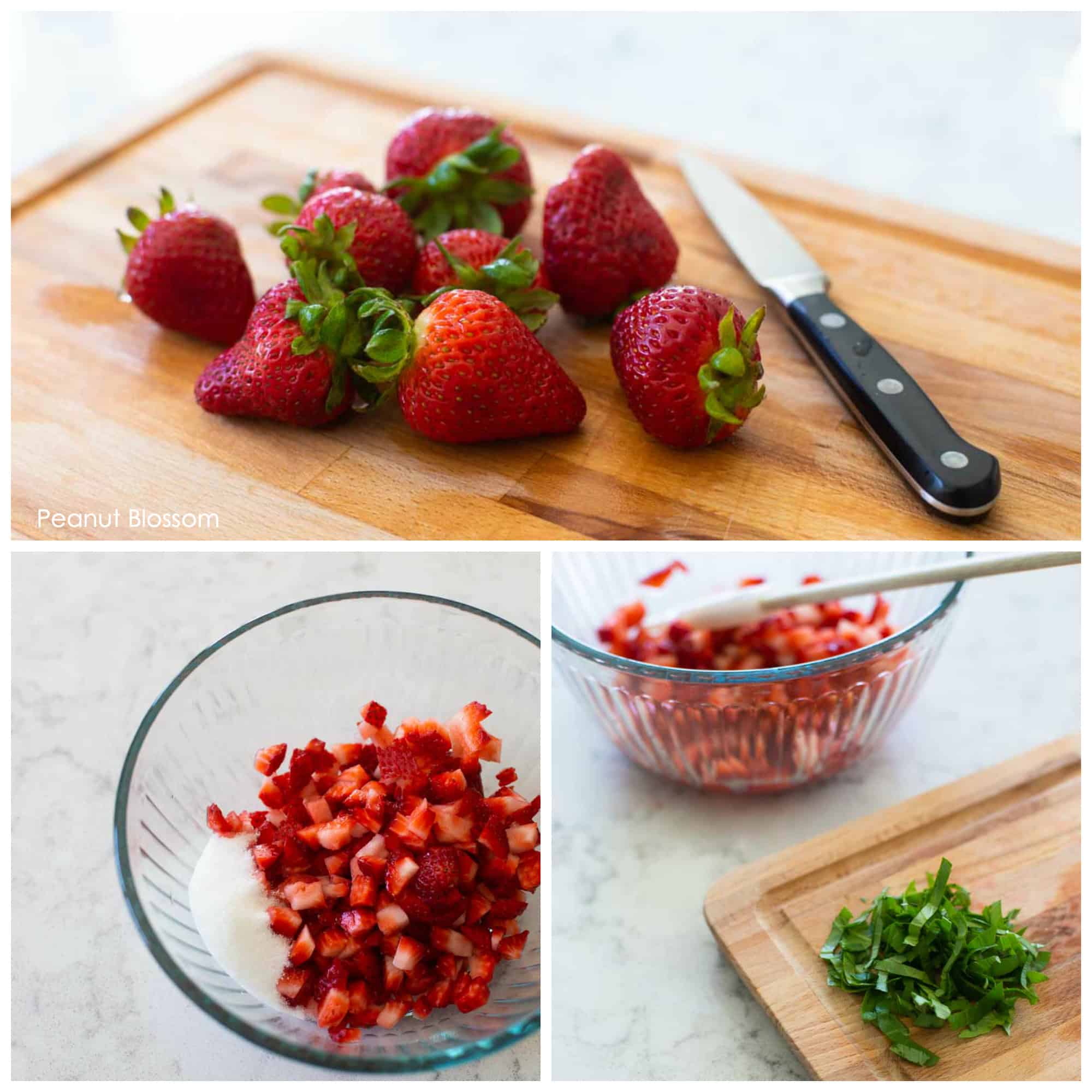 The photo collage shows fresh strawberries being diced and tossed with sugar next to a photo of the chopped fresh basil on a cutting board.