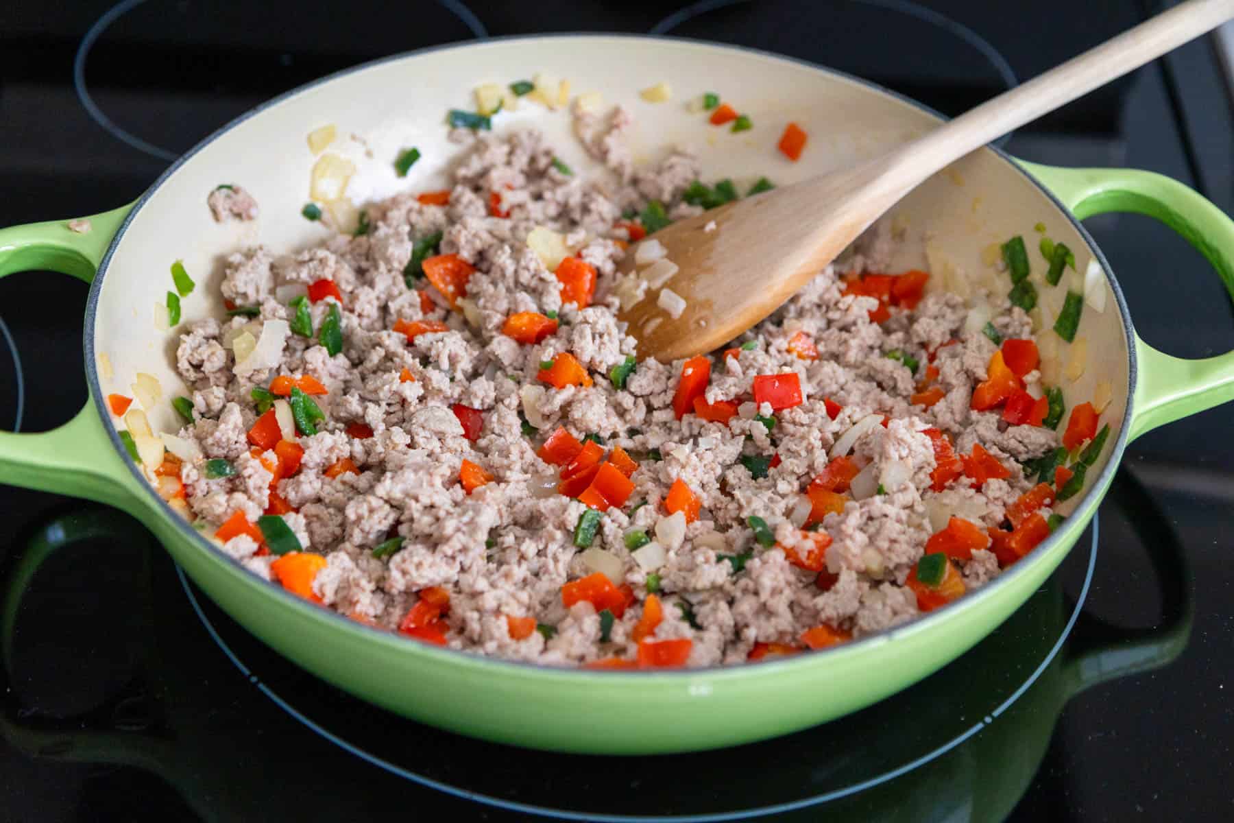 The ground turkey has been added to the pot. 
