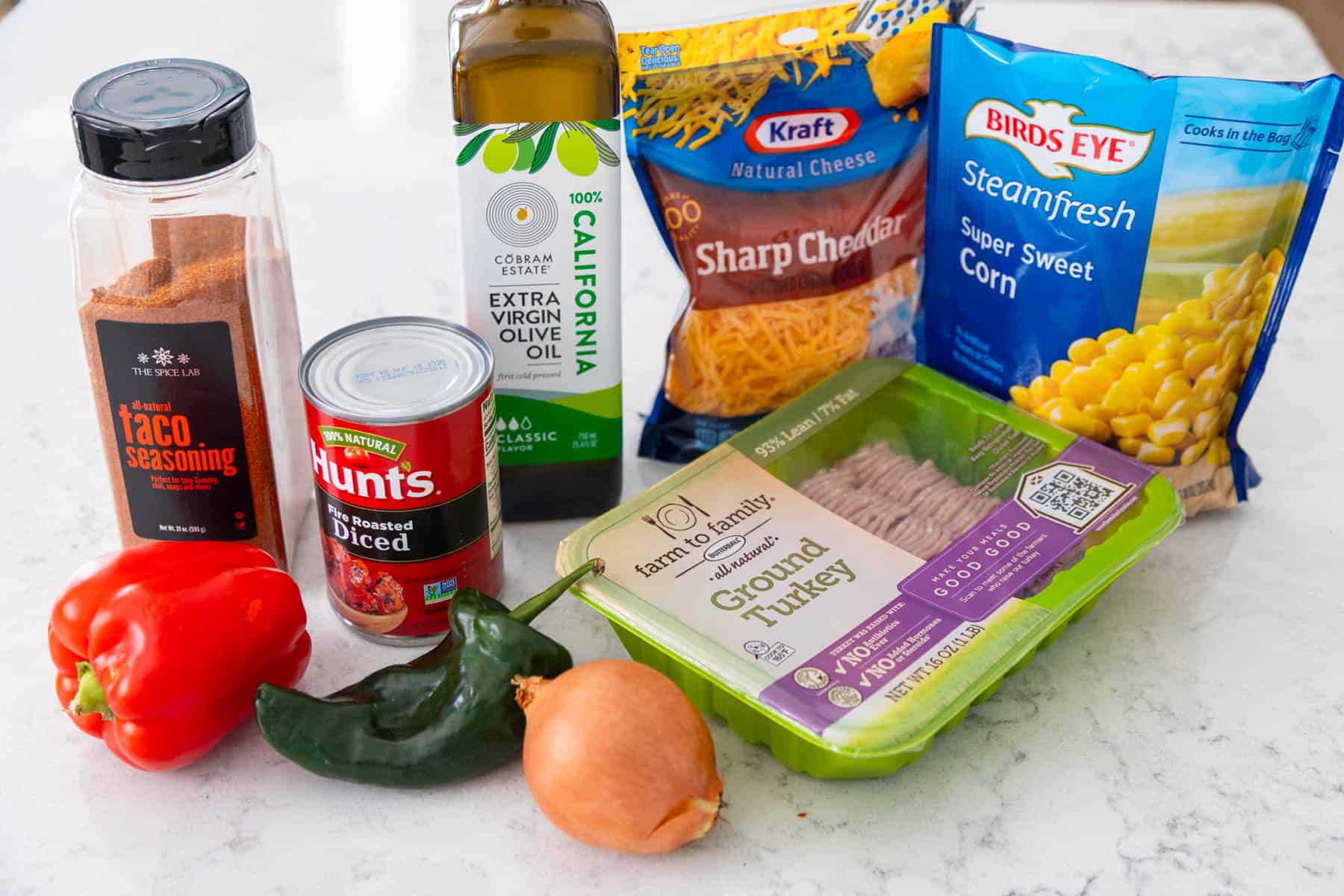 The ingredients to make a taco skillet are on the counter.