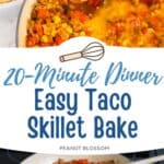 The taco skillet has a chip being dunked into it next to a photo of the veggies being added to the skillet.