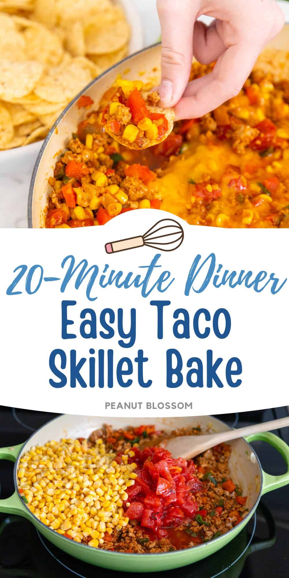 The taco skillet has a chip being dunked into it next to a photo of the veggies being added to the skillet.
