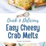 The platter of cheesy crab melts is next to a photo of the ingredients needed to make it.