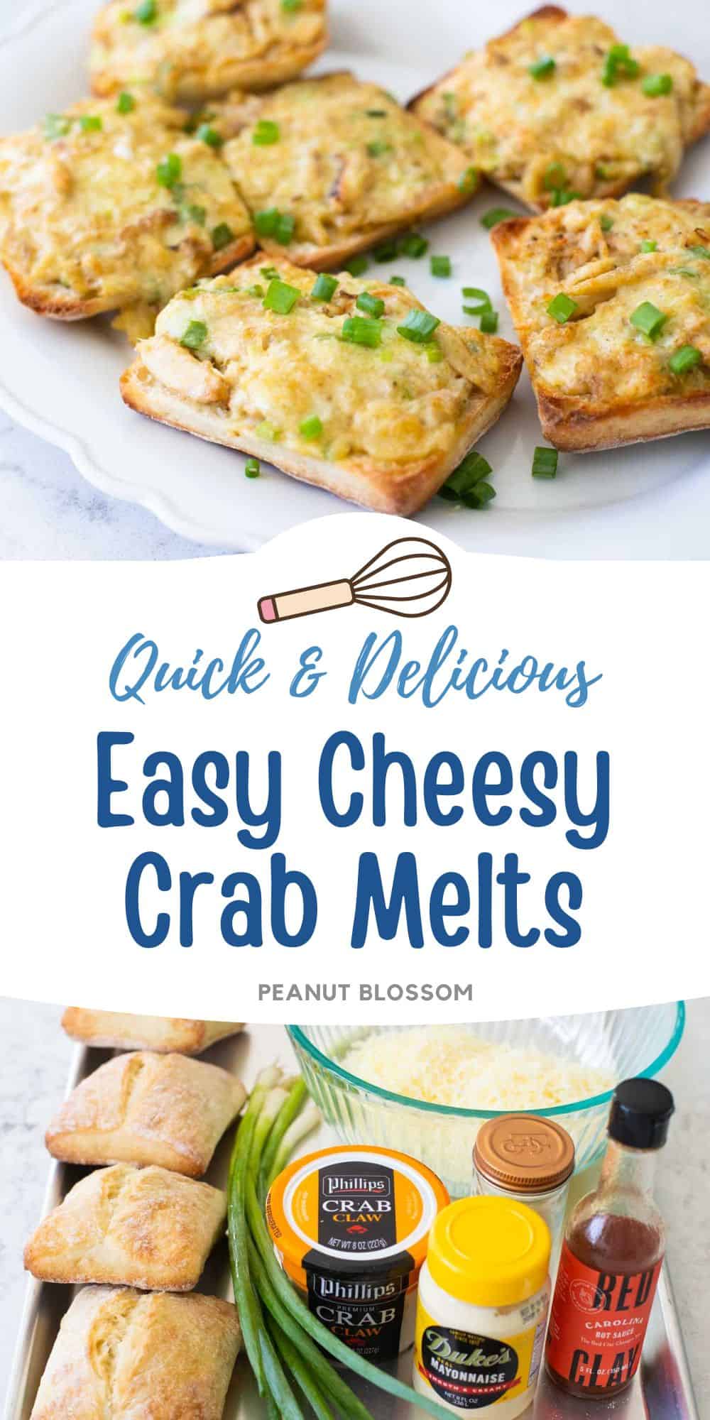 The platter of cheesy crab melts is next to a photo of the ingredients needed to make it.