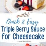 The vanilla cheesecake has a drizzle of triple berry sauce and scattered fresh berries for garnish.