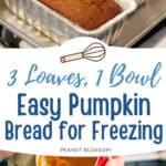 The photos show the 3 loaves of pumpkin bread next to a photo of the pumpkin bread batter being poured into the prepared pans.