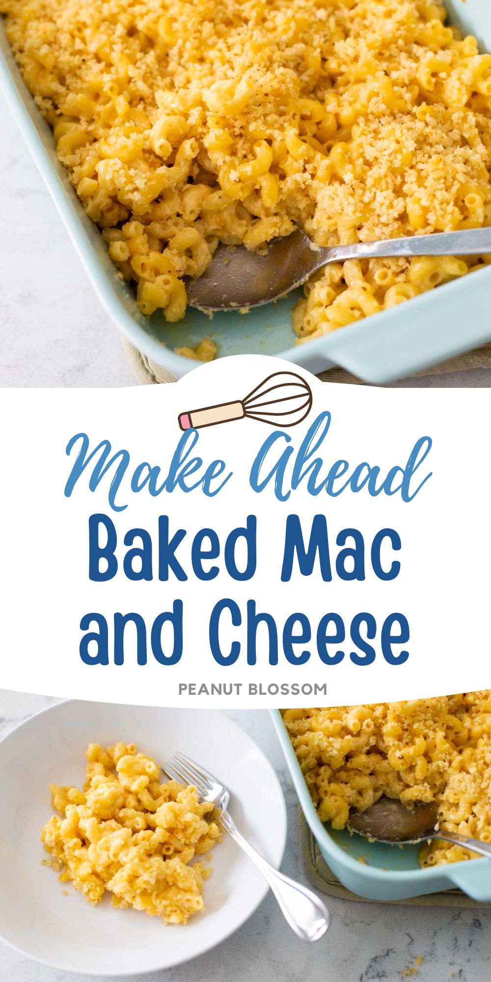 The photo collage shows the pan of baked mac and cheese next to a photo of a serving of it on a plate.