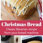 The photo collage shows the German christmas bread sliced so you can see the dried fruits and nuts next to a photo of it in the bread maker pan and a photo of the icing drizzled on top.