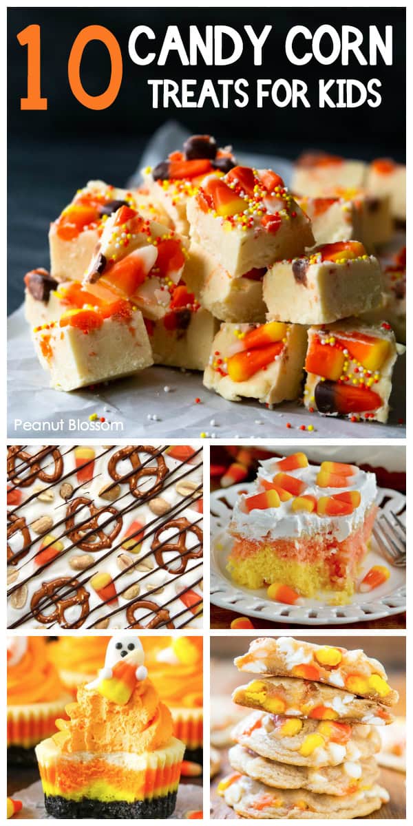 The photo collage shows several candy corn themed treats for Halloween.