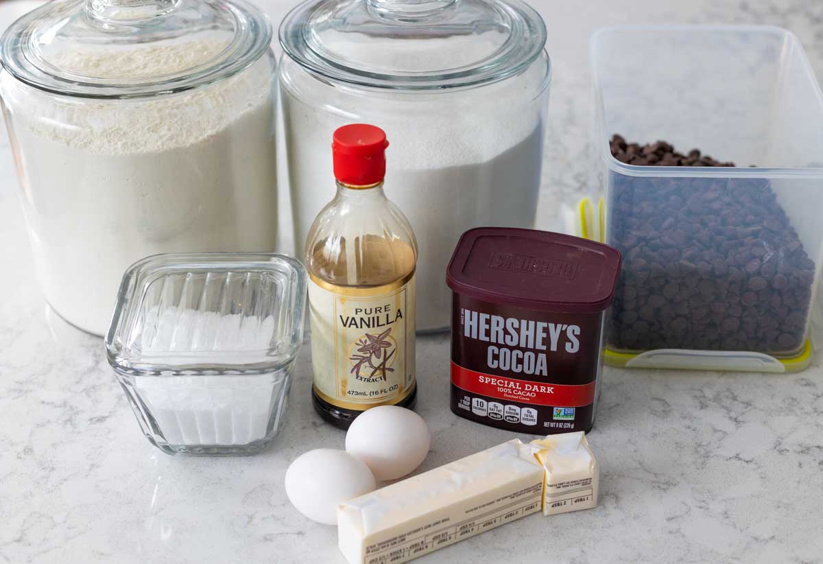The ingredients for making brownies are on the counter.