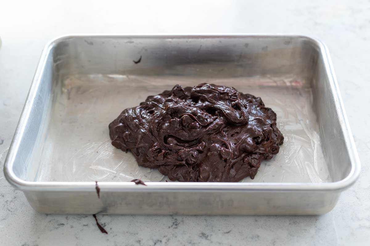 The dollop of brownie batter shows texture.