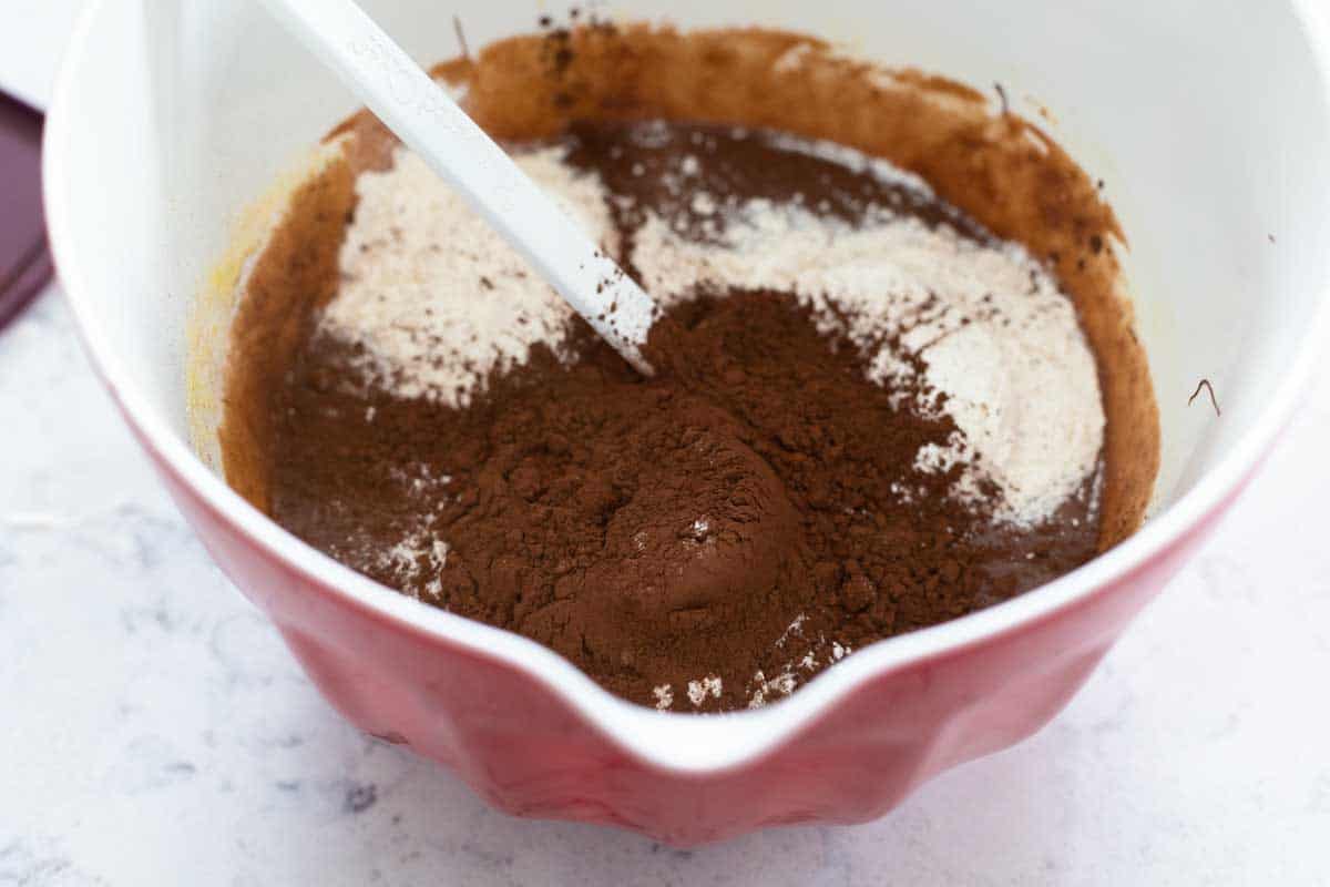 The mixing bowl now has flour and cocoa powder added.