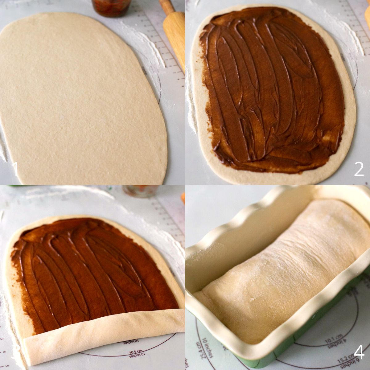 The step by step photos show how to roll up the cinnamon swirl dough.