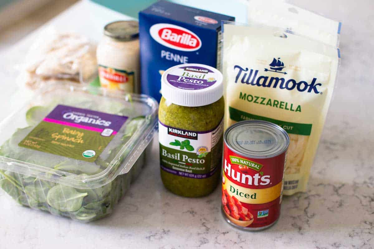 The ingredients to make the pasta casserole are on the counter.