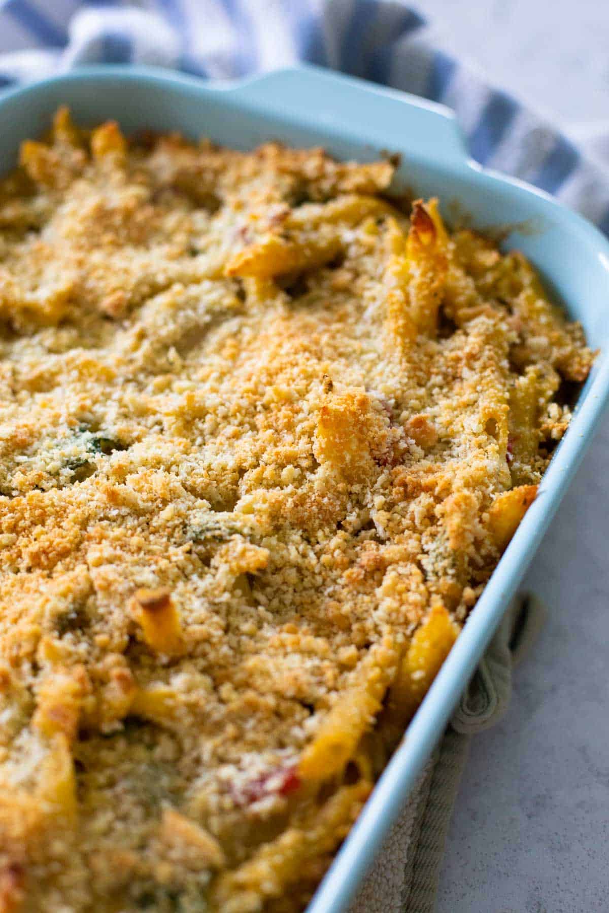 The finished casserole is out of the oven and has a golden brown top.