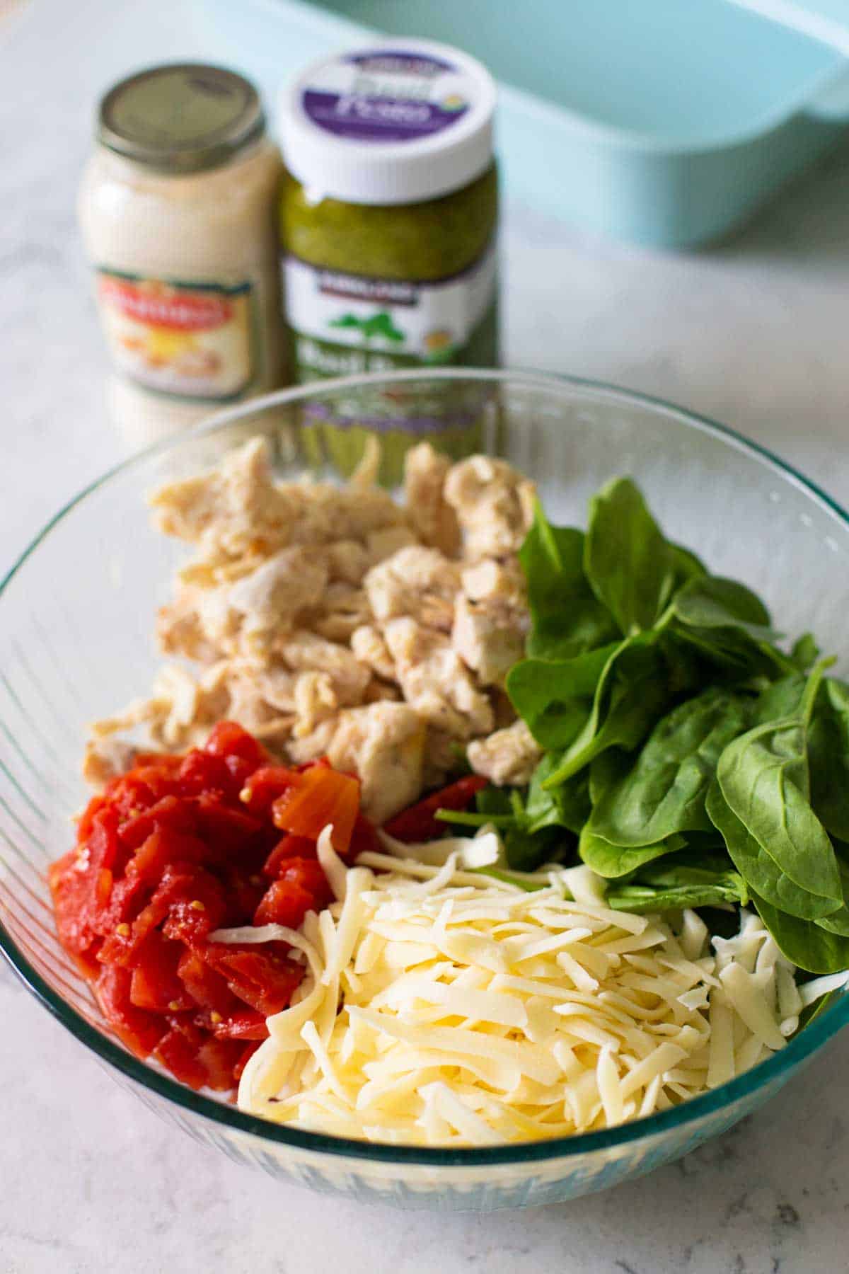 All the ingredients are in the mixing bowl ready to be stirred together.