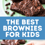 A cake plate with squares of chocolate brownies on top, a hand holding a brownie with a bite out of it on bottom.