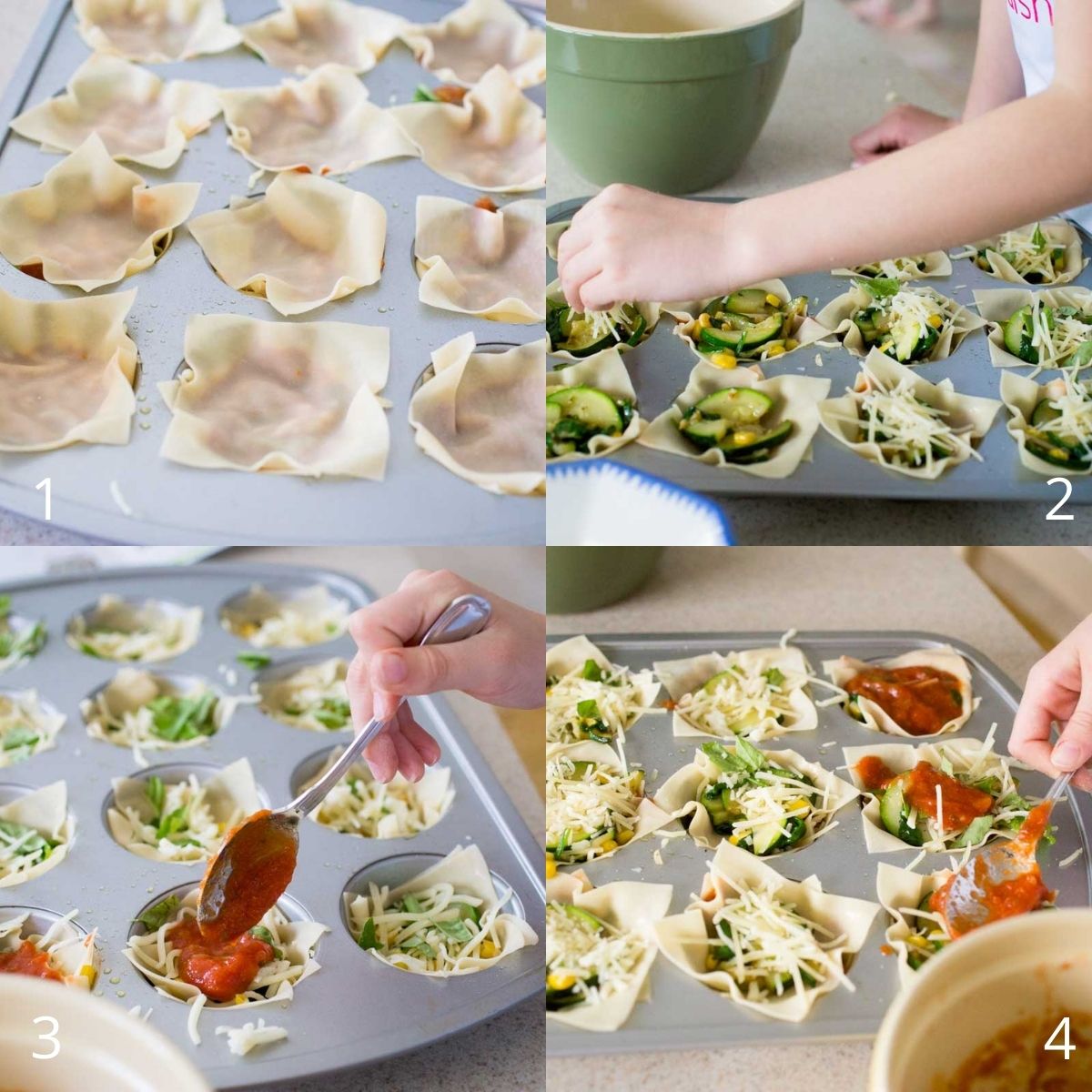 Step by step photos show how to assemble the garden lasagna cupcakes in a muffin tin.