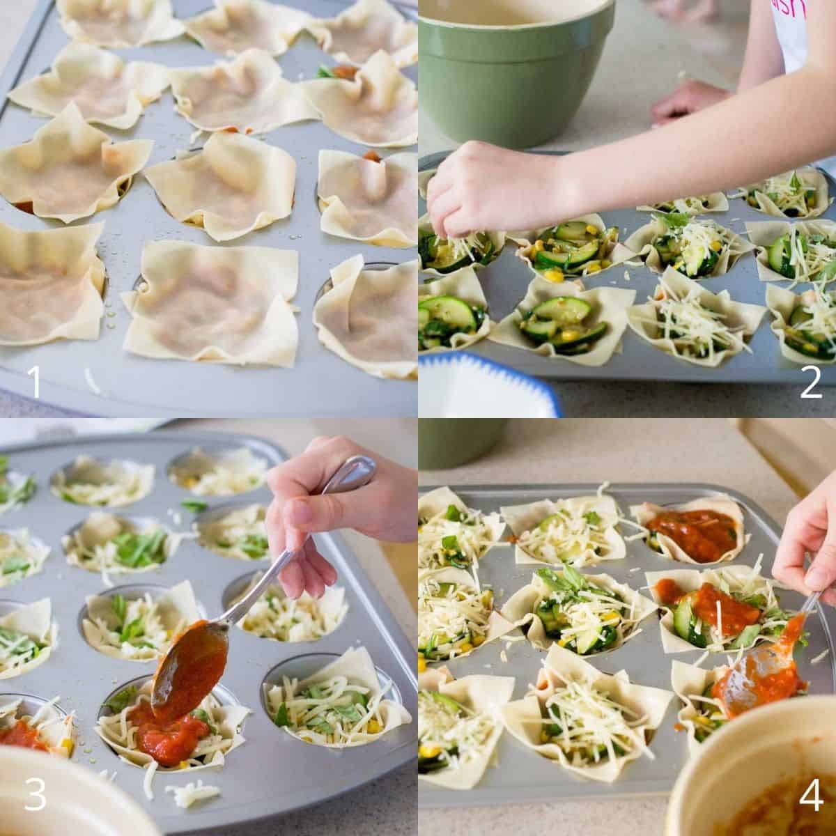 Step by step photos show how to assemble the garden lasagna cupcakes in a muffin tin.