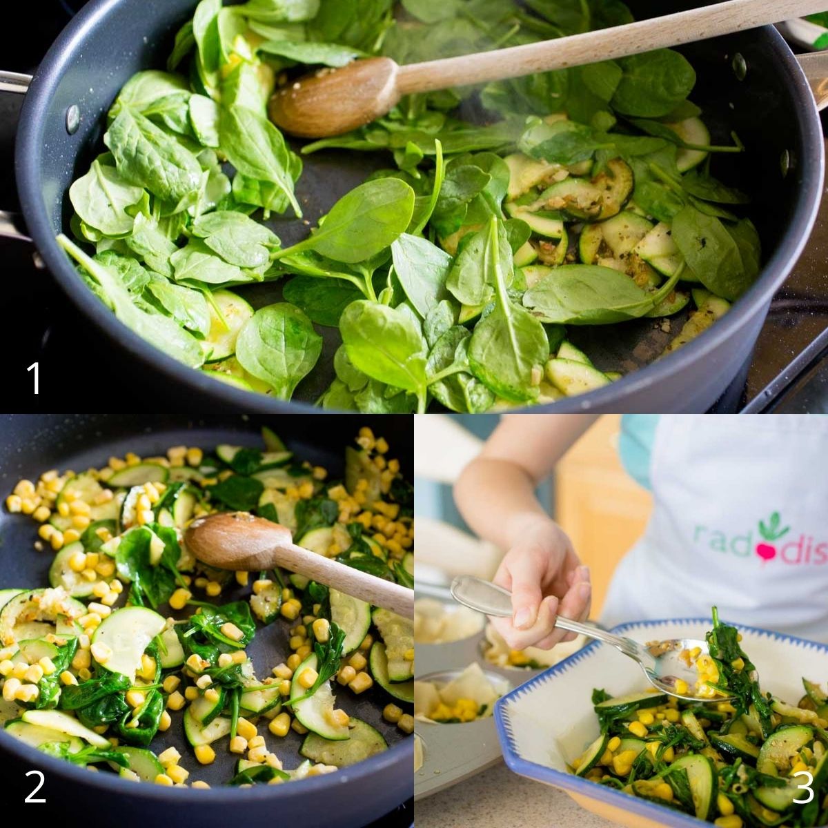 A series of photos show how to cook the spinach and corn for the lasagna.