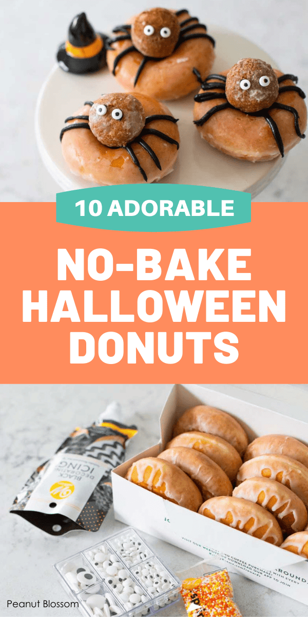 A platter with donuts decorated liked spiders next to a picture of a box of donuts and an icing packet.