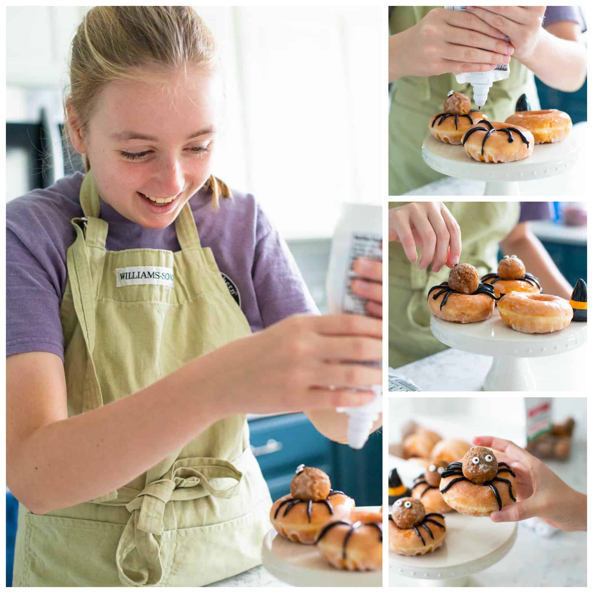 The photo collage shows a young girl decorating donuts for Halloween.