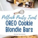 A blondie bar loaded with chunks of OREO cookies has been sliced and served on a platter.