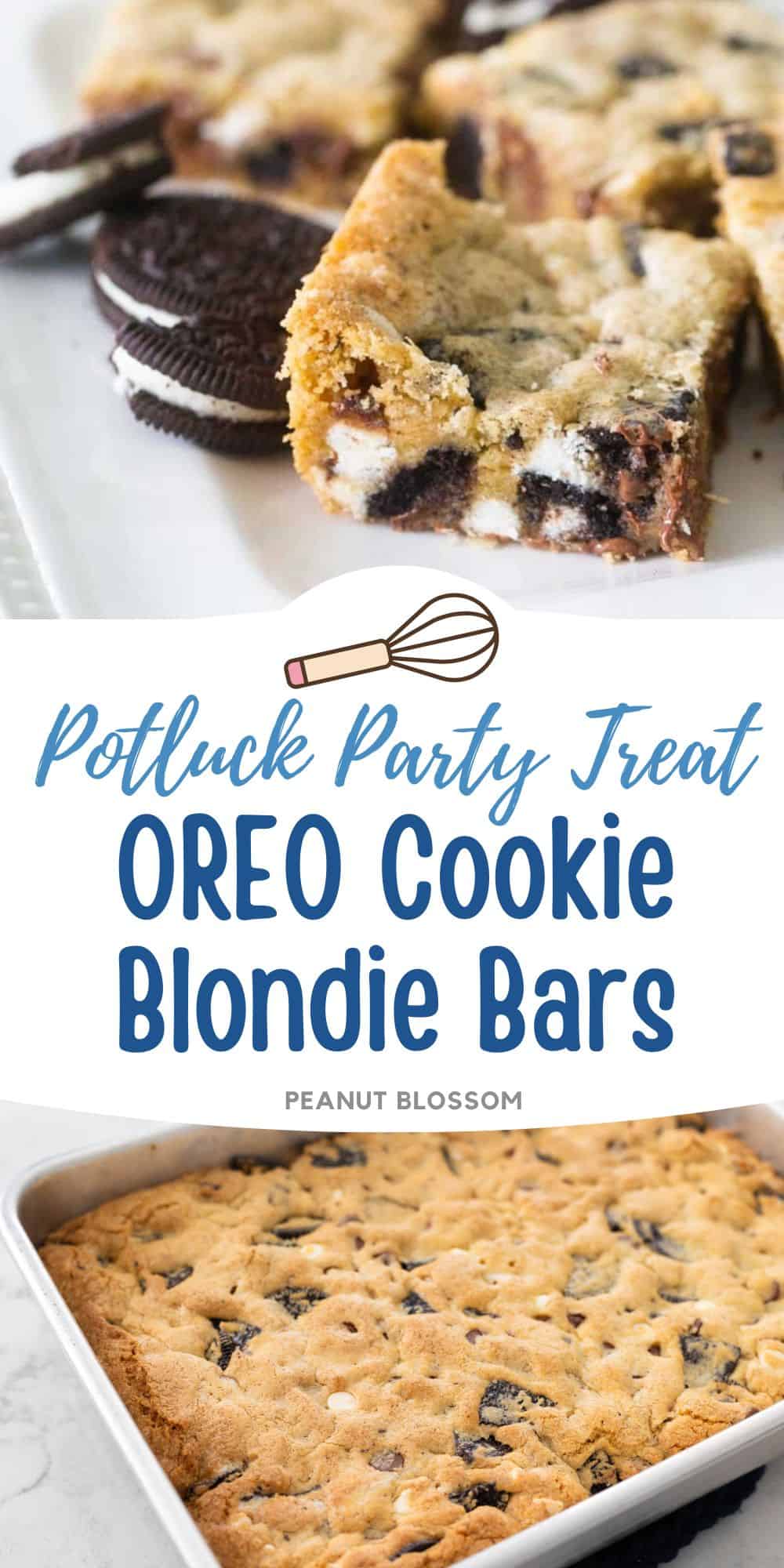 A blondie bar loaded with chunks of OREO cookies has been sliced and served on a platter.