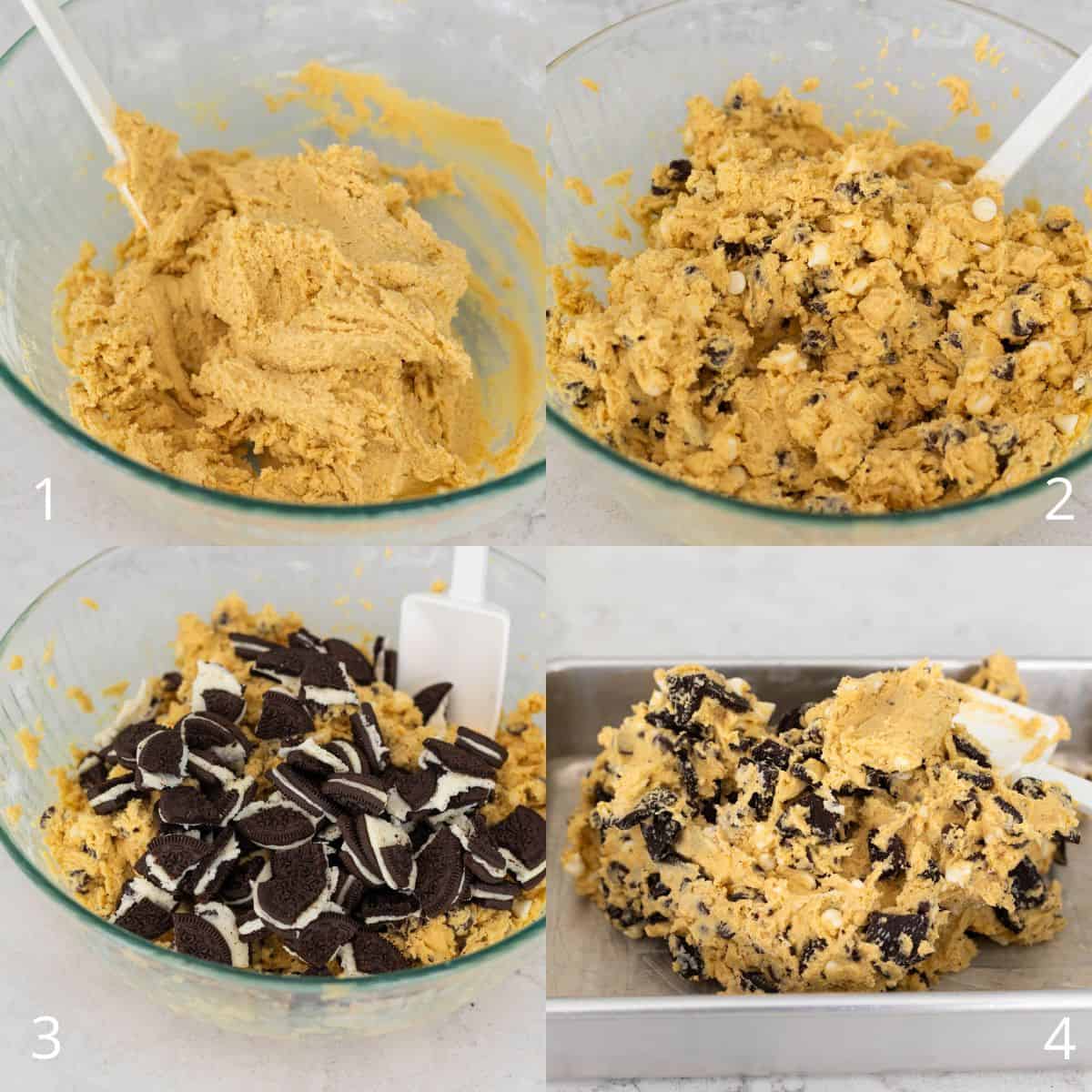 The step by step photos show how to add the chocolate chips and OREO cookies to the dough.
