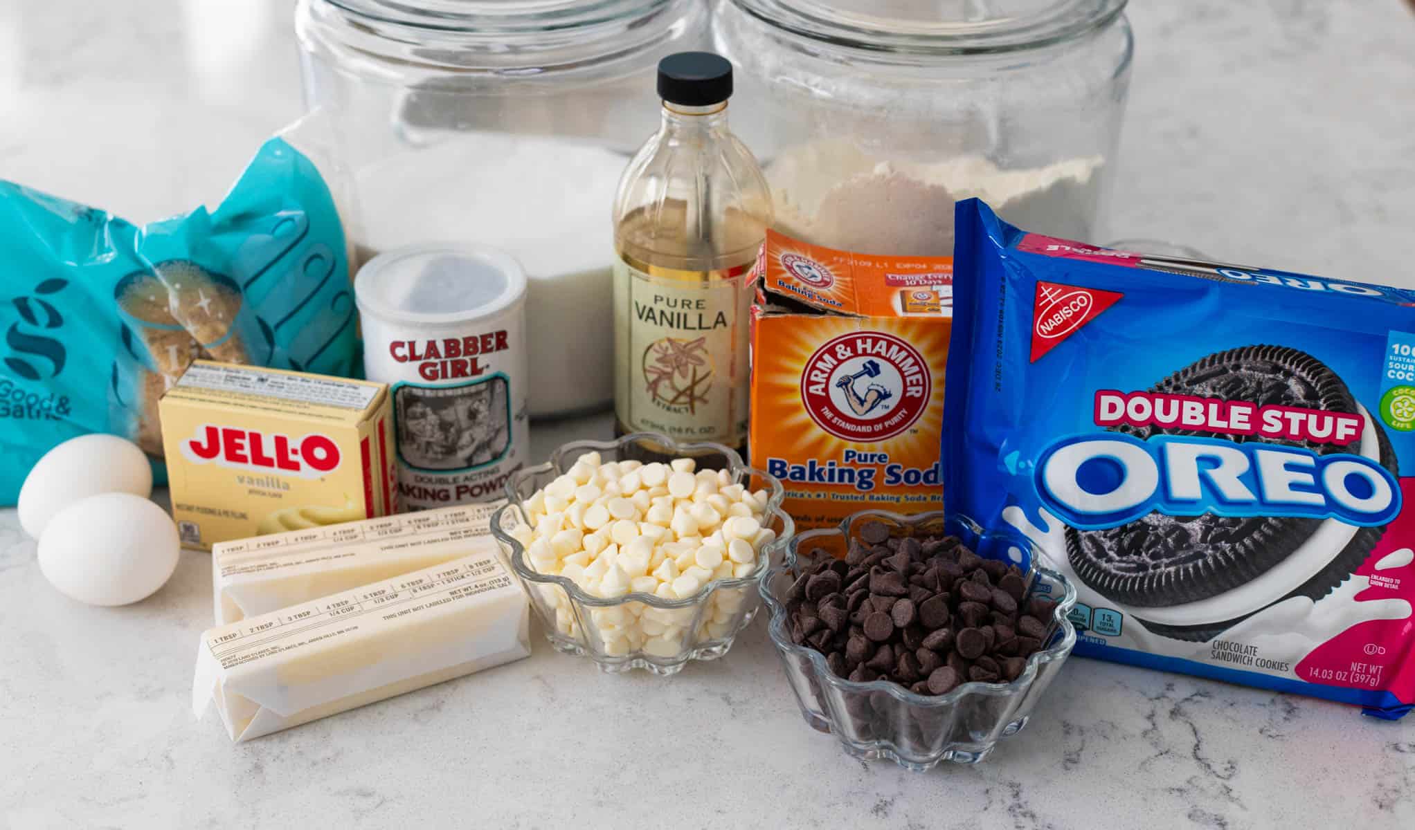 The ingredients to make the Oreo cookie bars are on the counter.