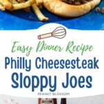 The sloppy joe is on a plate next to fries and some raw veggies. The second photo shows the ingredients needed to make it.