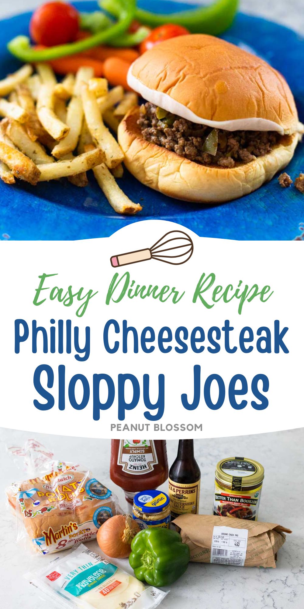 The sloppy joe is on a plate next to fries and some raw veggies. The second photo shows the ingredients needed to make it.
