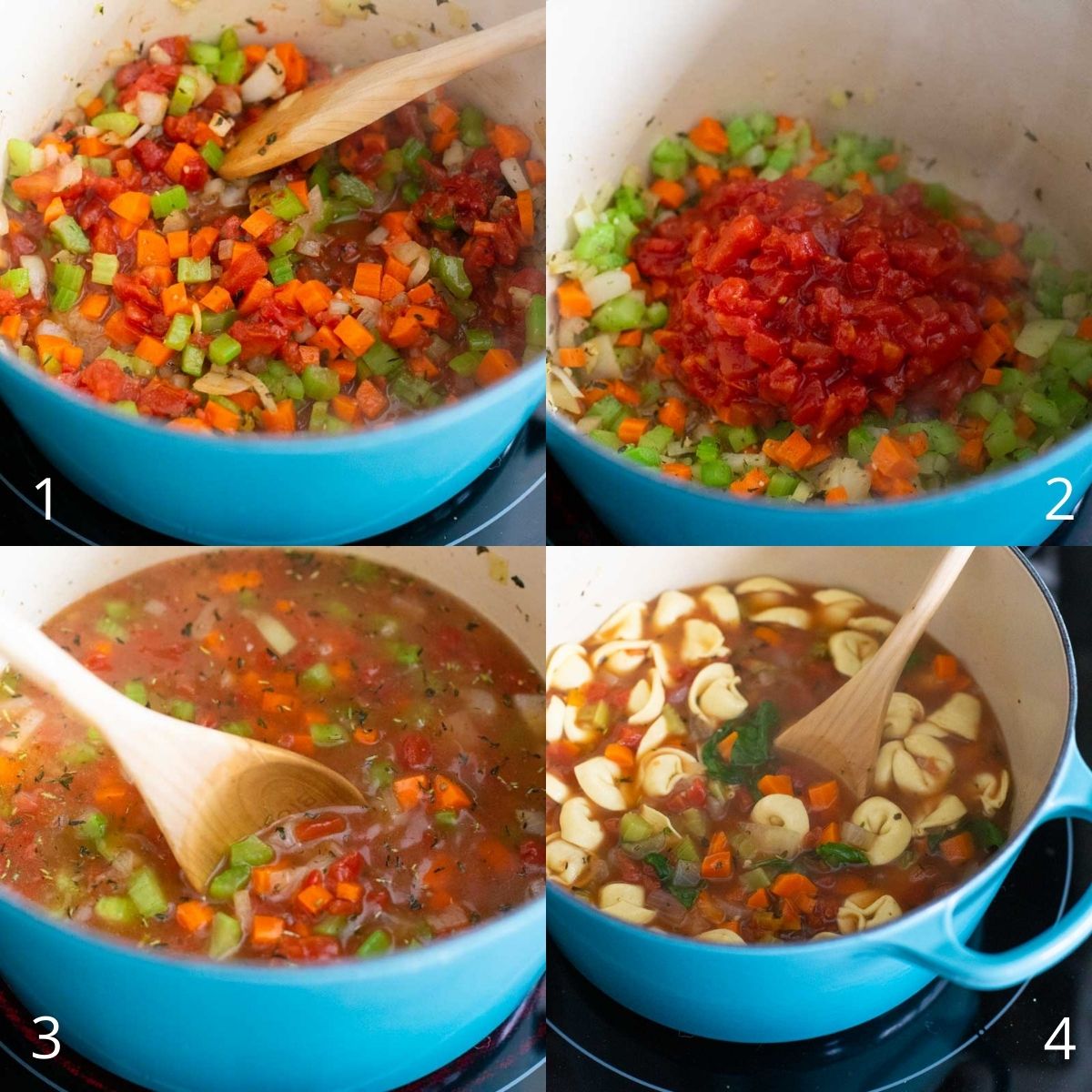Step by step photos show how to build the tomato based broth for the tortellini soup.