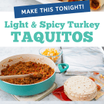 The baked pan of taquitos are being served for dinner, bottom photo collage shows how to make them.