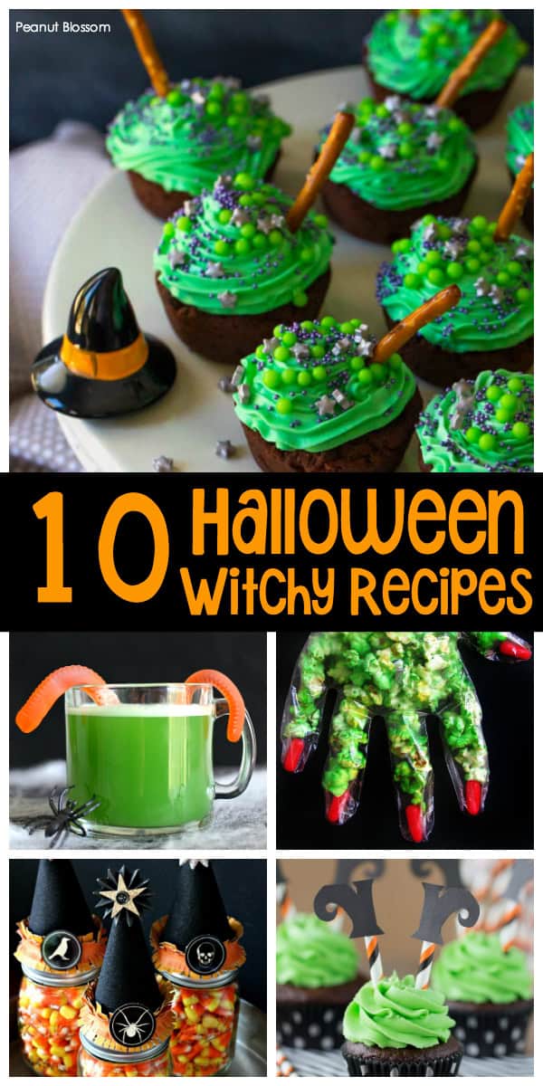 The photo collage shows 5 easy witch themed treats for Halloween.