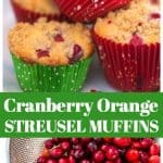 The muffins are shown in photo at top, a photo of fresh cranberries is at bottom.