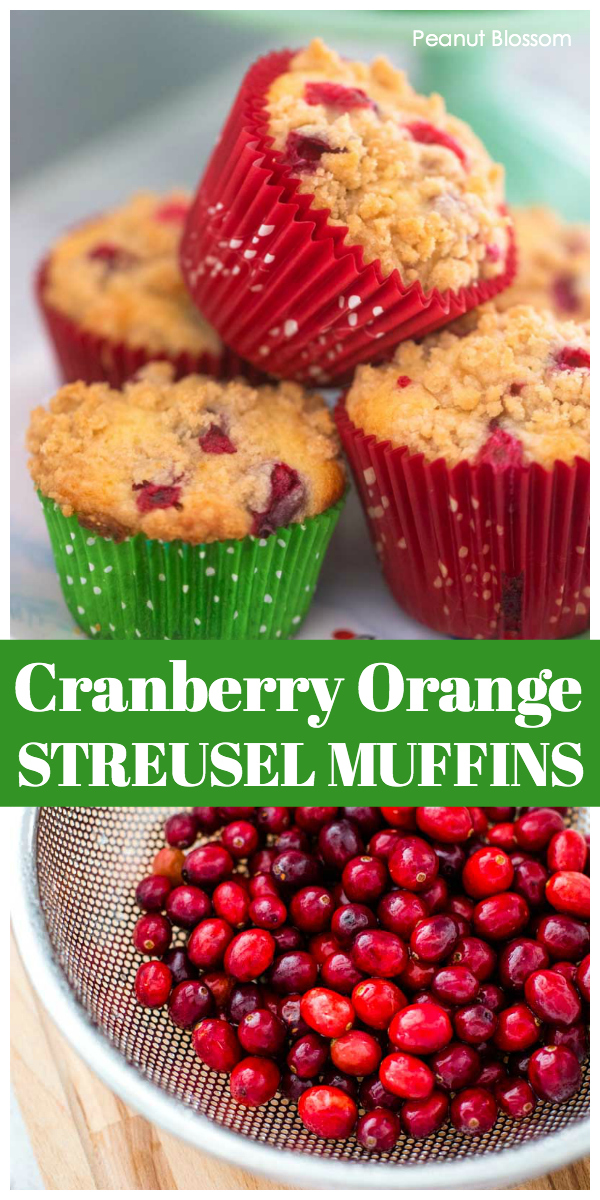 The baked cranberry orange muffins are stacked up on a Christmas plate. They are baked in red and green muffin wrappers.