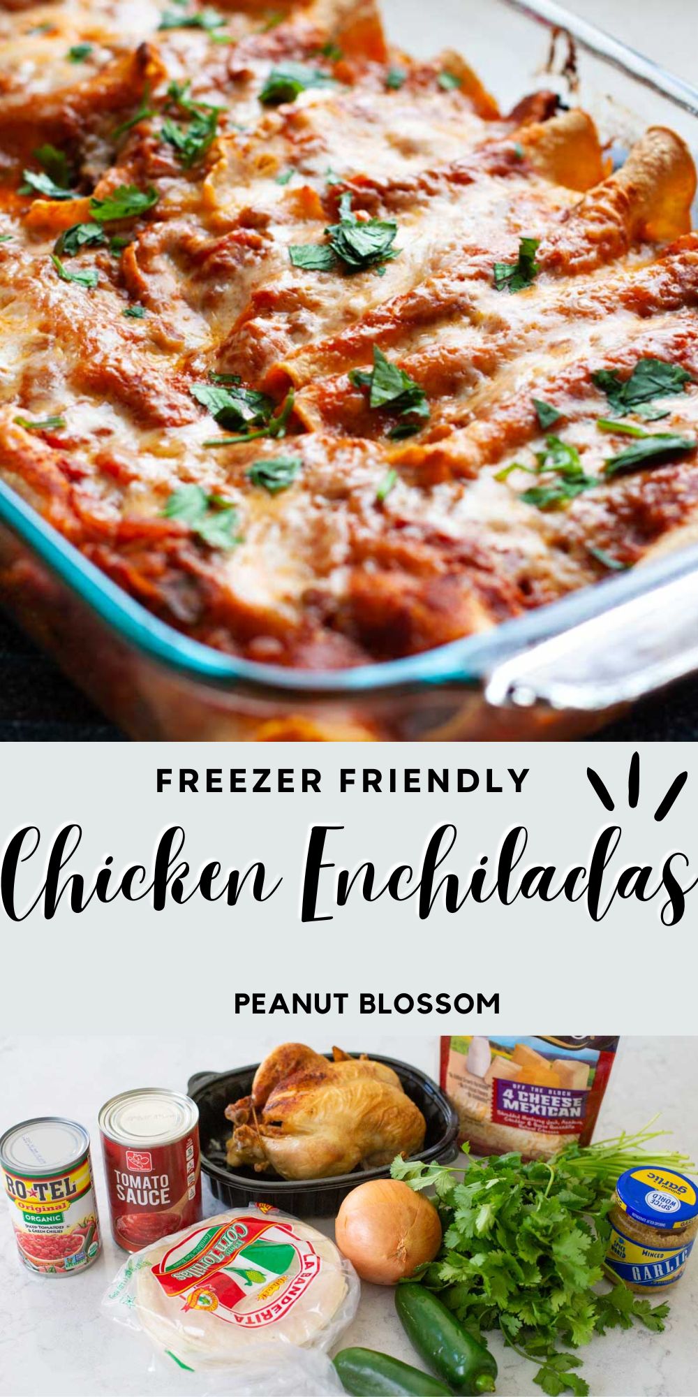 The photo collage shows the pan of baked chicken enchiladas on top next to a photo of the ingredients to make it on the kitchen counter.