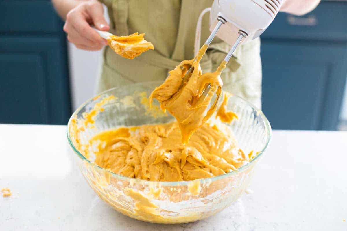 The pumpkin cookie dough has been mixed together and a girl shows how thick it is on a spoon.