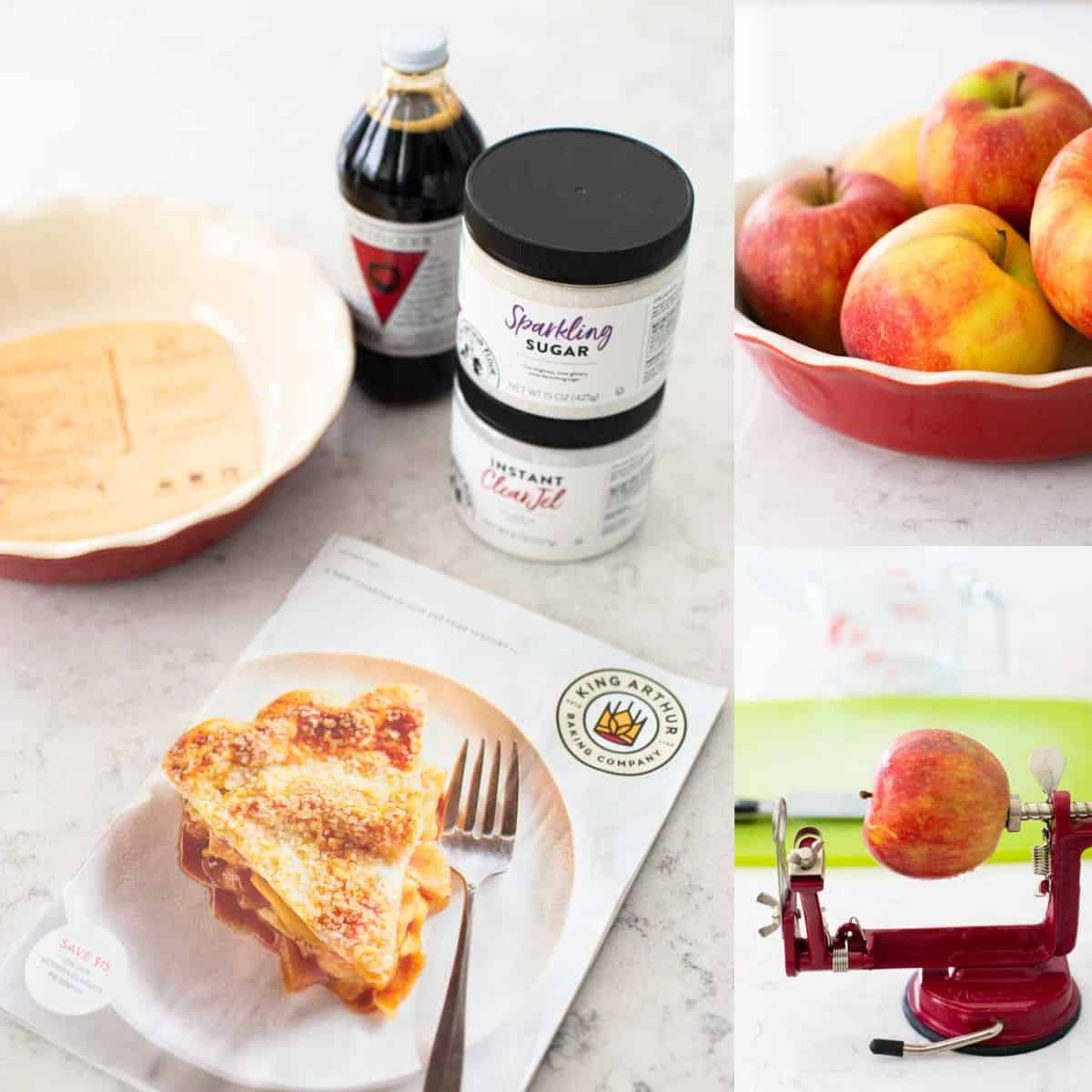 The photo shows all the items King Arthur's catalog recommends for baking an apple pie.