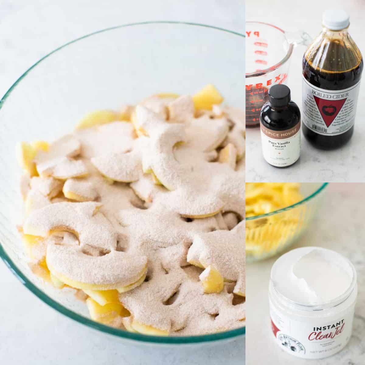 The collage shows the apple slices dusted in sugar next to photos of the specialty ingredients King Arthur recommends for an apple pie.